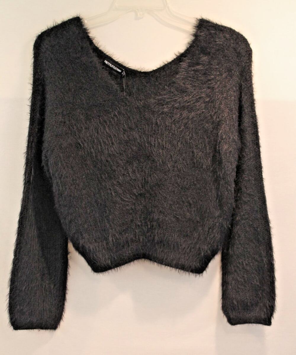 Fuzzy Black Eyelash Knit Cozy Crop Sweater Womens Oversize 6 V-Neck Long Sleeve
